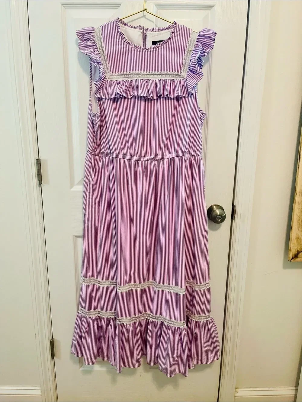 J.Crew Lavender Stripe Tiered Ruffle Midi Dress Lace Trim Cottagecore L￼